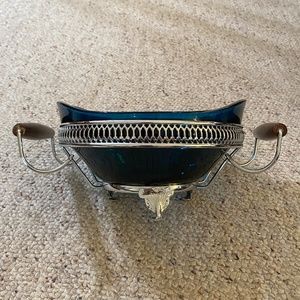 Teal glass serving bowl with teak handle silver metal carrier VTG '70's.